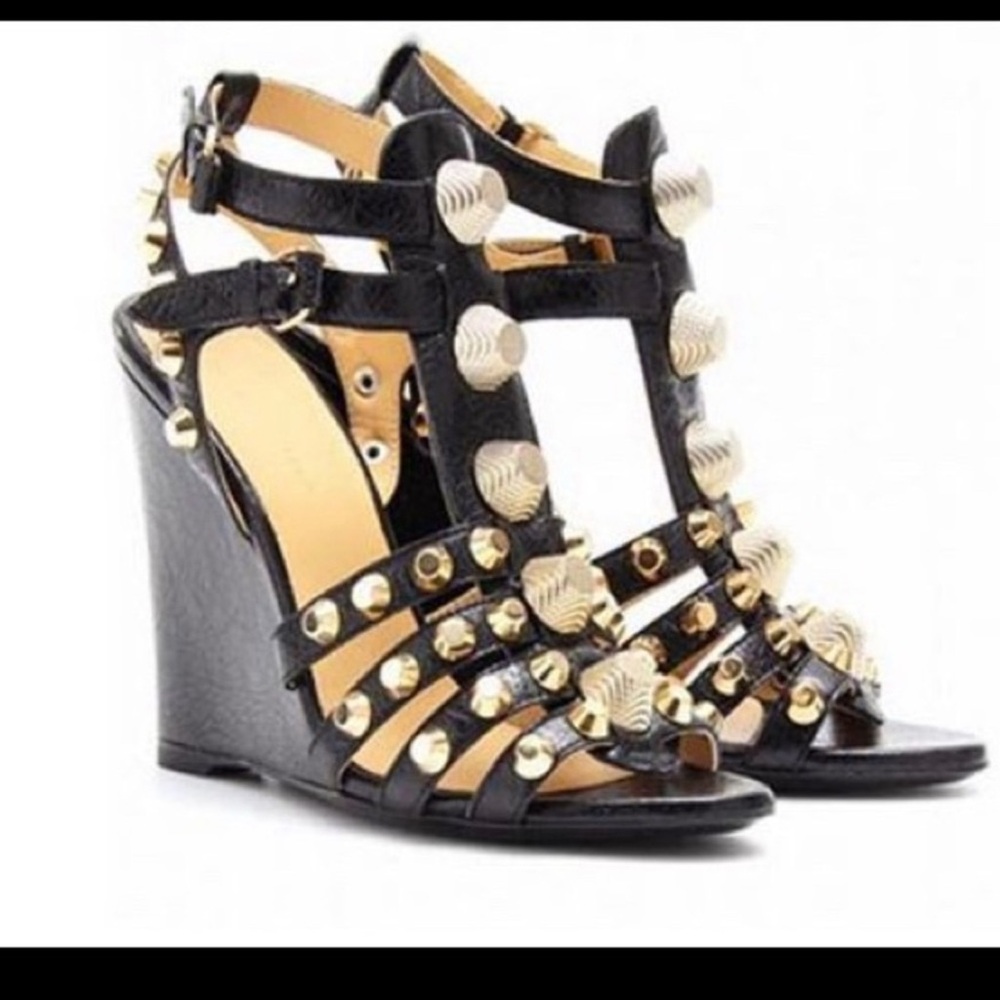 Balenciaga Black and Gold Wedge Sandals